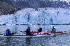 kayaking through icebergs in front of glacier